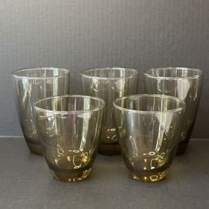 Vintage Amber Drinking Rocks Glasses 3 Large 2 Smaller, Mid Century Modern CLEAN